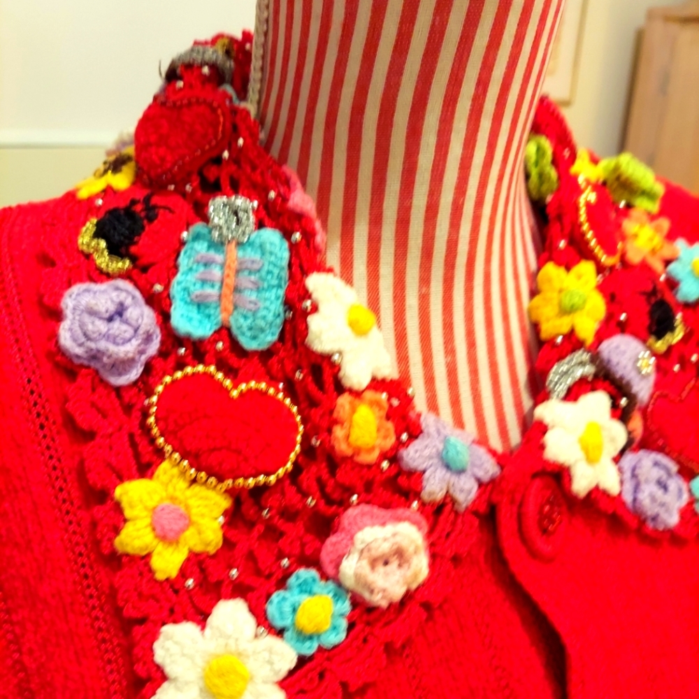 Vintage Berek 2 Red Sweater 3D Embellishments Hand Crochete Beaded Size Small